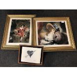 A pair of Sydney Wilson mezzotints in gilt frames and a print of Coeur a la Fourchette after Rene