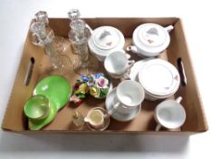 A box containing Czechoslovakian tea service, china flower posies, Maling teacup and saucer,