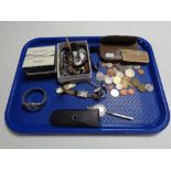 A tray of assorted lady's wrist watches, foreign coins, Egyptian bank note,