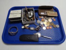 A tray of assorted lady's wrist watches, foreign coins, Egyptian bank note,