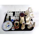 A tray containing antique and later china to include ceramic toast rack, Staffordshire dog,