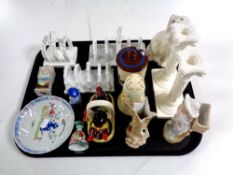 A tray containing antique and later china to include ceramic toast rack, Staffordshire dog,