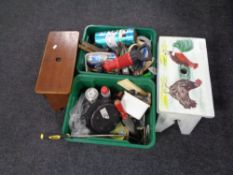 Two wooden crackets together with two boxes containing bulkhead lights, hand tools, tape,