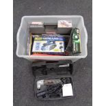 A box of assorted boxed power tools to include Power Fix inspection camera, Parkside nailer,