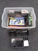 A box of assorted boxed power tools to include Power Fix inspection camera, Parkside nailer,