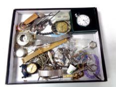 A box containing miscellaneous to include pocket watches, Ingersol wristwatches, pocket watch cases,