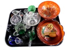 A tray containing 20th century glassware to include Murano bird figure, cut glass perfume bottle,