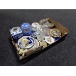 A box of assorted china and glass ware : Ringtons caddies, glass comport, commemorative ware,