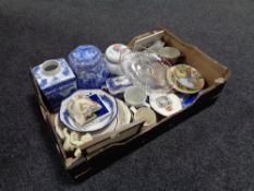 A box of assorted china and glass ware : Ringtons caddies, glass comport, commemorative ware,