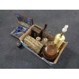 A box containing miscellaneous to include oak canteen, brass table lamp, metal deed box,