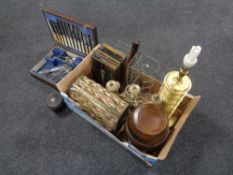 A box containing miscellaneous to include oak canteen, brass table lamp, metal deed box,