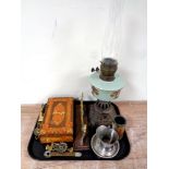A tray of antique cast iron oil lamp with hand painted glass reservoir and chimney,