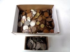 A box containing a large quantity of pre decimal copper and silver coinage to include Victorian and