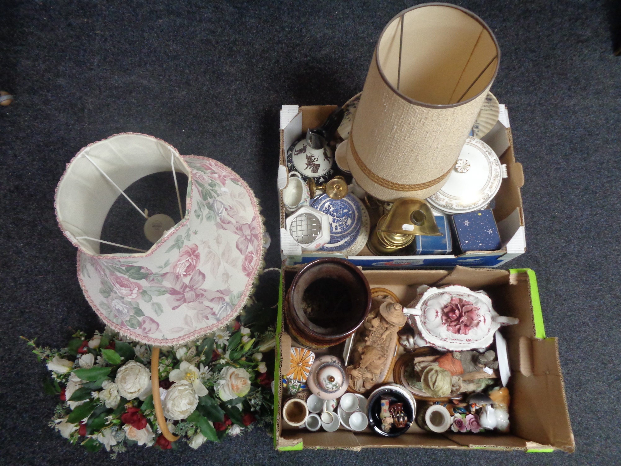 Two boxes of miscellania to include brass oil lamp, West German vase, Armani figurines,