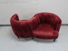 An Artsome Coach House Collection conversation settee upholstered in a red velvet fabric