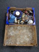 Two boxes containing assorted glassware and ceramics to include beer steins, Ringtons tea caddies,