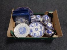 A box of Ringtons boxed and unboxed willow pattern caddies and bowls,