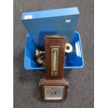 A box of Edwardian oak barometer, pair of candlesticks, brass duck bookends,
