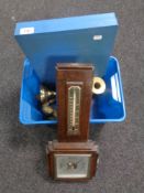 A box of Edwardian oak barometer, pair of candlesticks, brass duck bookends,