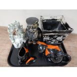 A tray of antique ceramics, Staffordshire figure "The Lovers", cat teapot and milk jug,