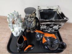 A tray of antique ceramics, Staffordshire figure "The Lovers", cat teapot and milk jug,