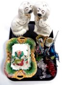 A tray containing antique and later ceramics to include Staffordshire dog, Majolica style dish,