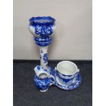 An Ironstone blue and white glazed pottery jardiniere on stand,