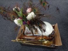 A box containing brass companion pieces, banjo barometer, antique china slop pail,