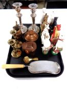 A tray of painted pottery figures of dragons and mythical creatures, plated candlesticks,