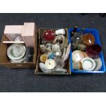 Three boxes of miscellaneous to include dinnerware, glassware, vintage bottles,
