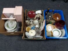 Three boxes of miscellaneous to include dinnerware, glassware, vintage bottles,