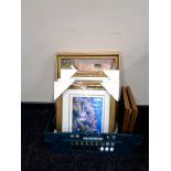 A box of assorted framed pictures and prints to include signed Mediterranean scenes by Noel with