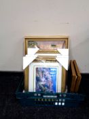 A box of assorted framed pictures and prints to include signed Mediterranean scenes by Noel with