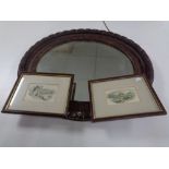 An oval Edwardian framed mirror together with two framed colour etchings