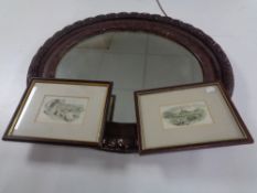 An oval Edwardian framed mirror together with two framed colour etchings