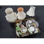 Three boxes of assorted glass ware, English tea and dinner china, chalk figure of a horse,