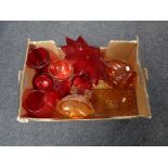 A box of ruby and amber glass ware