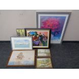 A box of assorted framed pictures and prints, framed oil of a ship,