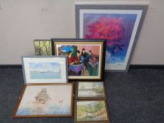 A box of assorted framed pictures and prints, framed oil of a ship,