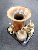 A tray of antique copper pieces : Eastern teapot,