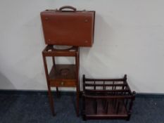 A 19th century mahogany washstand together with a Canterbury and a vintage leather luggage case