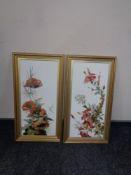 A pair of hand painted porcelain panels in gilt frames