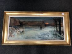 Paul Kastrup : Figures at sunset in a winter landscape, oil on board, signed, 38 x 92 cm, framed.