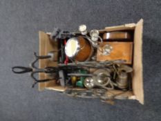 A box containing miscellaneous to include companion set on stand,