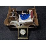 A box of china and metal cake stands, boxed Athena mantel clock,