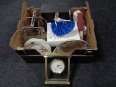 A box of china and metal cake stands, boxed Athena mantel clock,