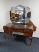 A walnut Queen Anne style dressing table with mirror and 4'6 headboard