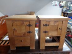 A pair of pine bedside cupboards (one missing drawer)