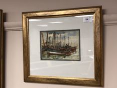 Edith F. Grey : Fishing Boats Moored by a Quay, watercolour, signed, 13 cm x 18 cm, framed.