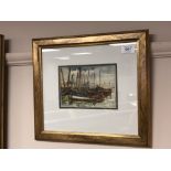 Edith F. Grey : Fishing Boats Moored by a Quay, watercolour, signed, 13 cm x 18 cm, framed.